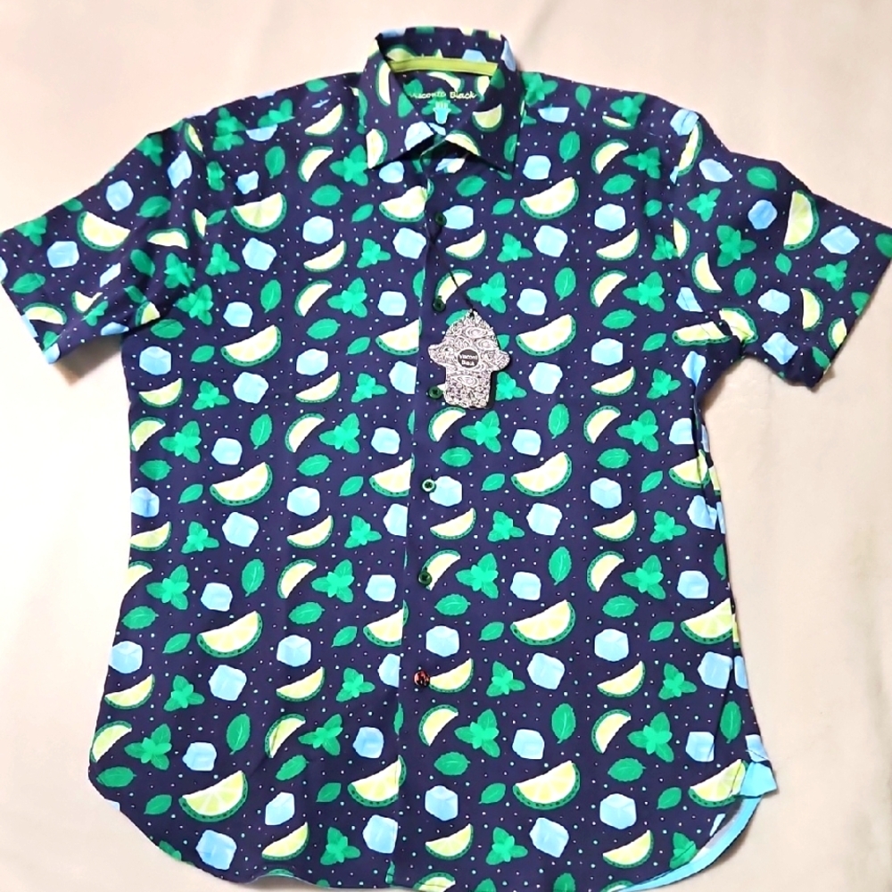 Visconti Black Men's Short Sleeve Button-up: Size- Medium- Navy Mojito Print - Picture 3 of 10